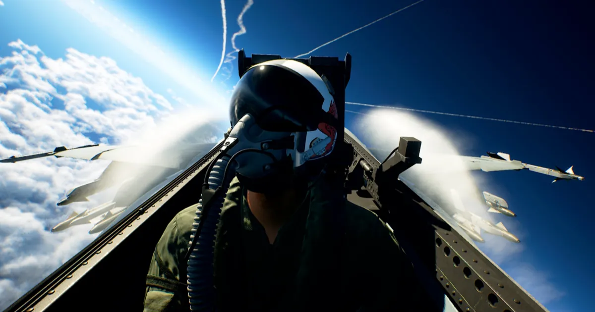 A pilot in a white helmet looks up from an open cockpit as wingmen's jets fly above the clouds in Ace Combat 8