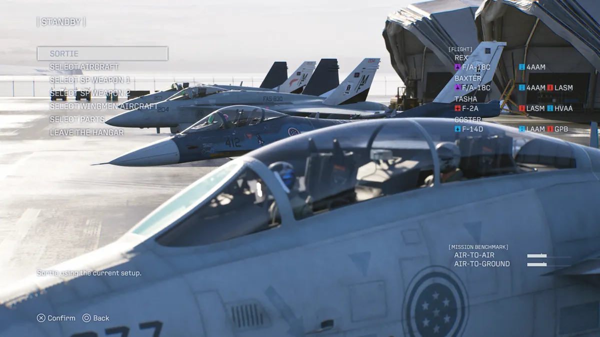 Ace Combat 8 pre-mission standby screen with an F-14D, F/A-18Cs and an F-2A lined up on a runway