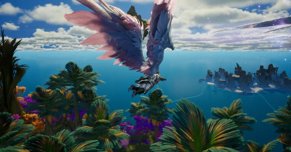 Un personaje alado de Aion 2 vuela sobre palmeras hacia islas rocosas en un mar azul brillante