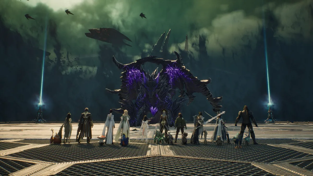Un grupo de personajes de Aion 2 de pie sobre una plataforma metálica frente a un enorme jefe de raid cubierto de cristales morados