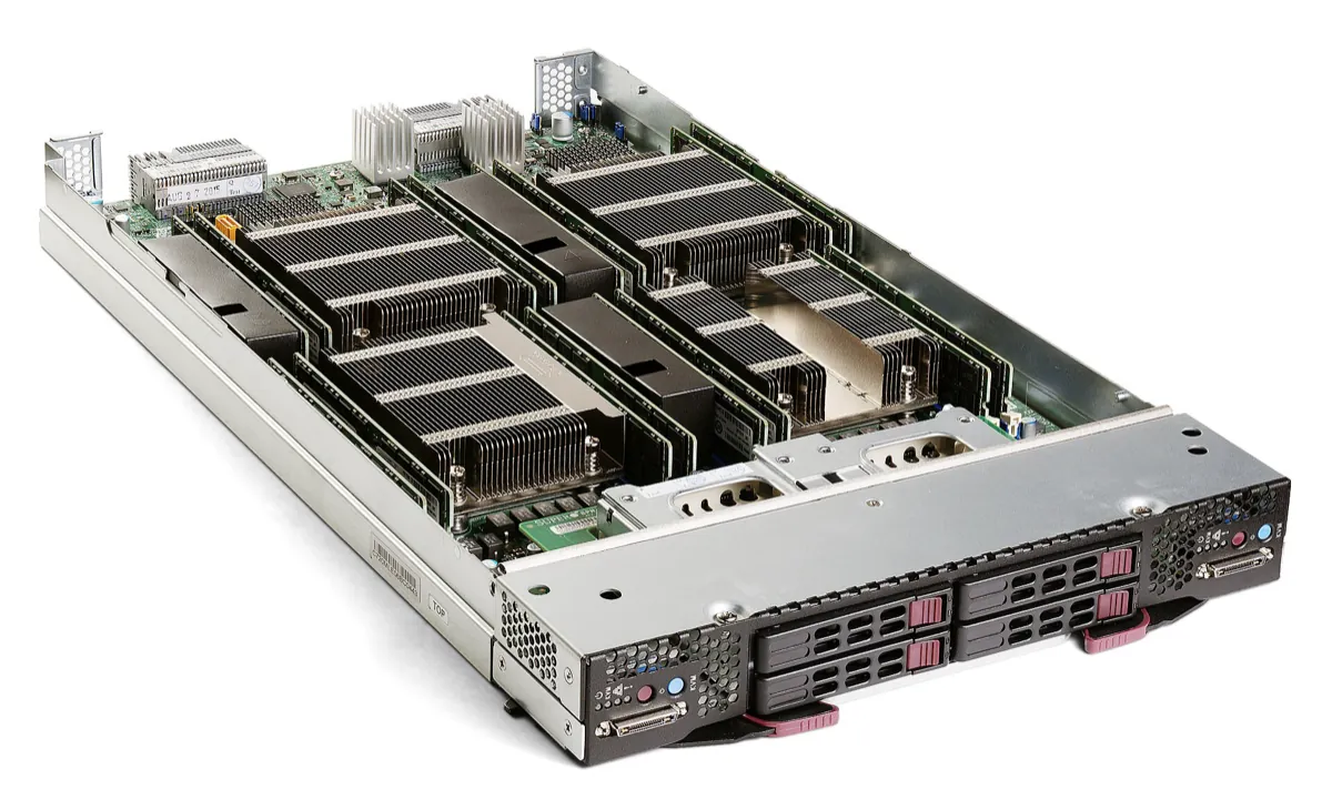 Open Supermicro blade server with two dual-processor nodes, their heat sinks surrounded by rows of memory modules