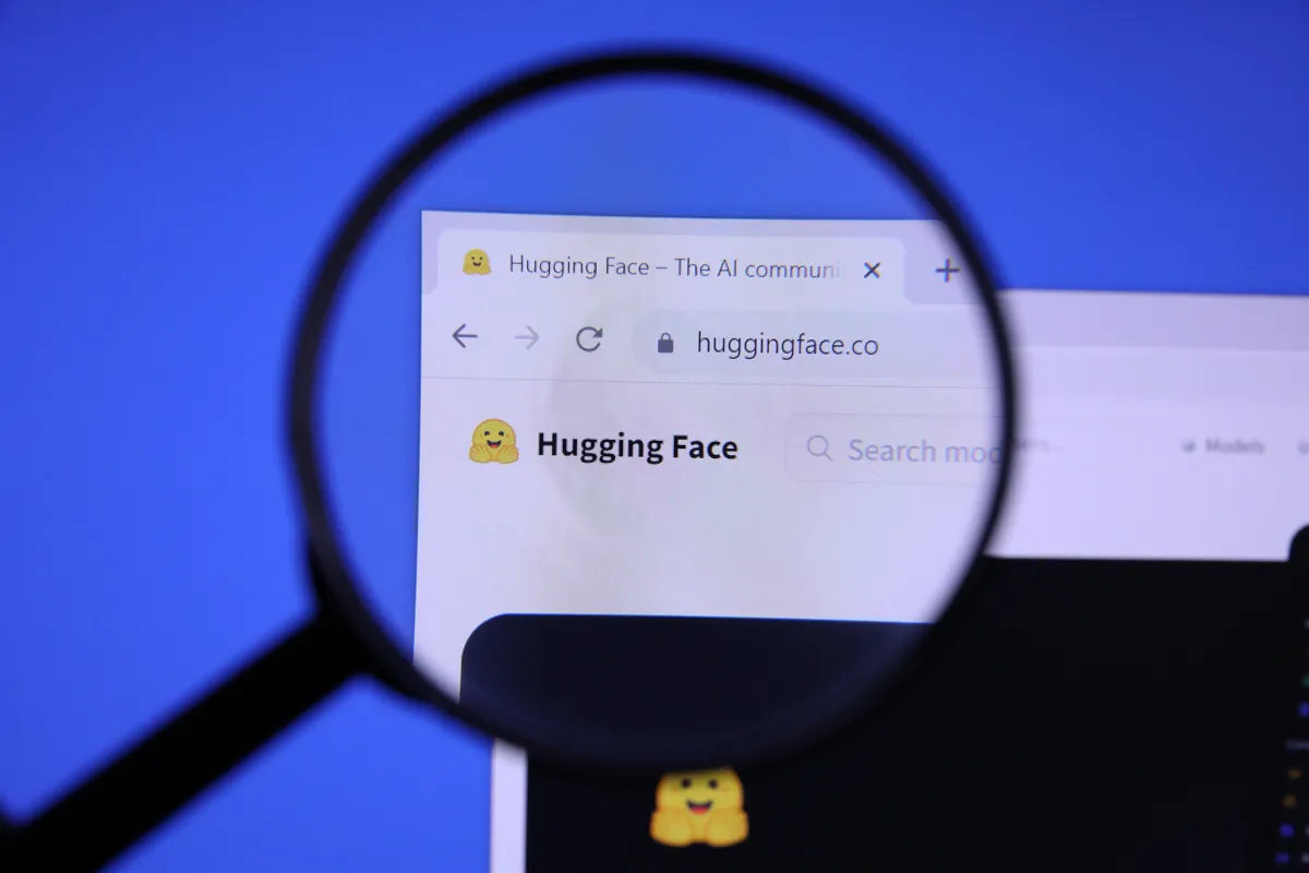 A magnifying glass over the Hugging Face logo and address bar on a computer screen