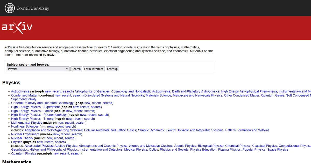 La página de inicio de arXiv, con la barra de Cornell University, el encabezado rojo de arXiv y la lista de categorías de física
