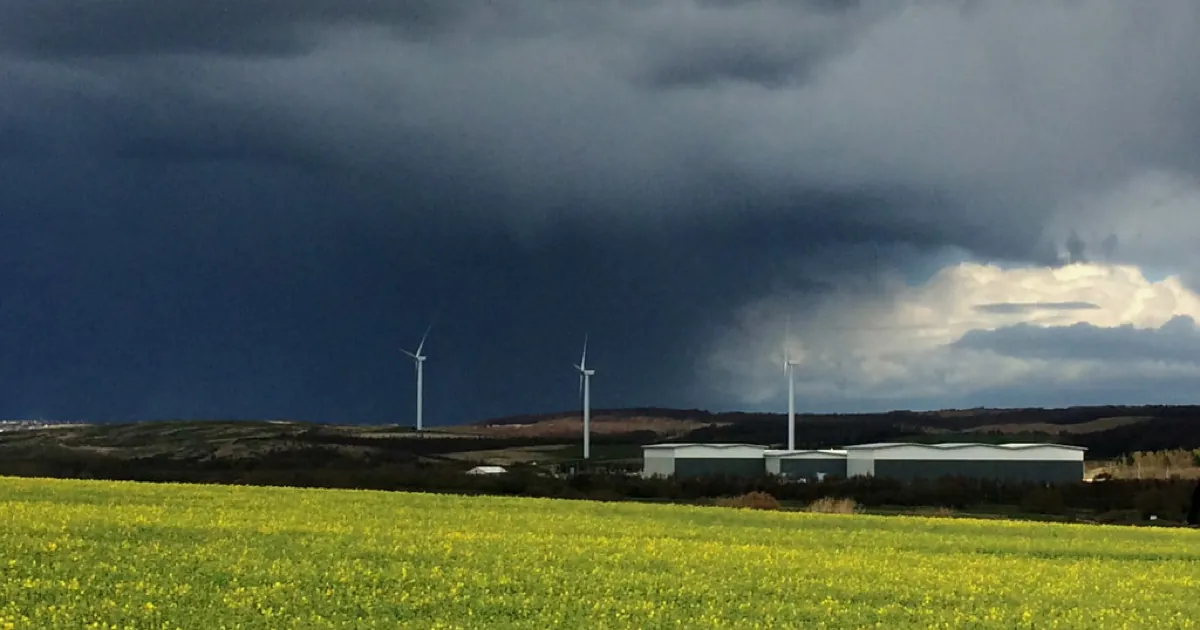 Nubes de tormenta sobre las naves de un almacén de ASOS, con aerogeneradores y un campo de colza amarilla al frente
