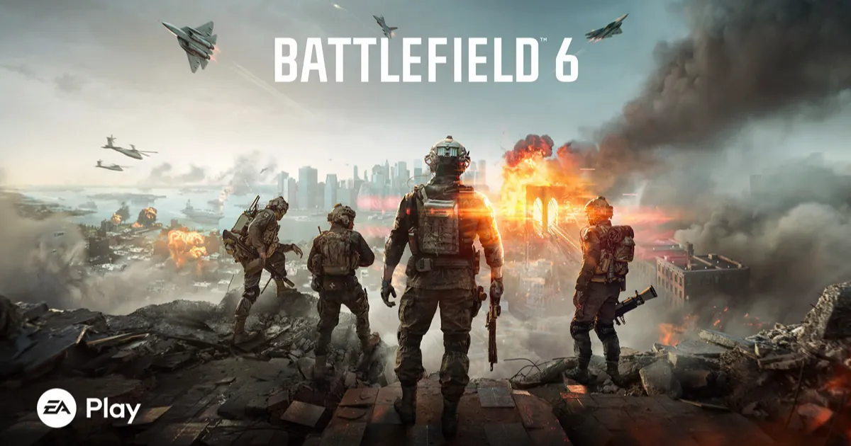 Four Battlefield 6 soldiers stand on a rooftop watching jets fly over a burning city skyline, with an EA Play logo in the corner