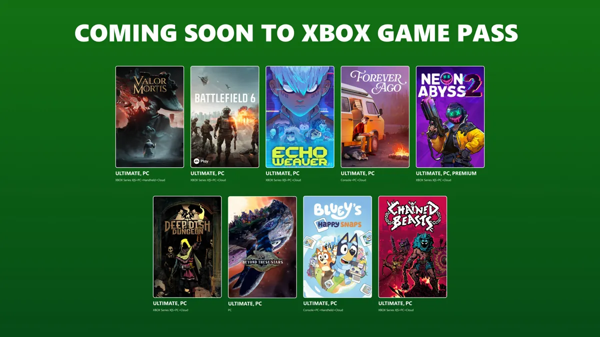 Coming soon to Xbox Game Pass graphic showing box art for nine games, from Valor Mortis and Battlefield 6 to Bluey's Happy Snaps and Chained Beasts