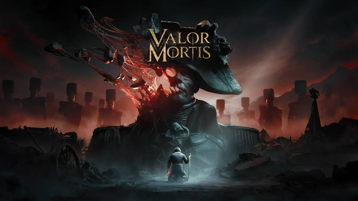 Valor Mortis key art: a kneeling soldier with a sword faces a giant broken statue of a man in a bicorne hat, with soldiers in shakos behind