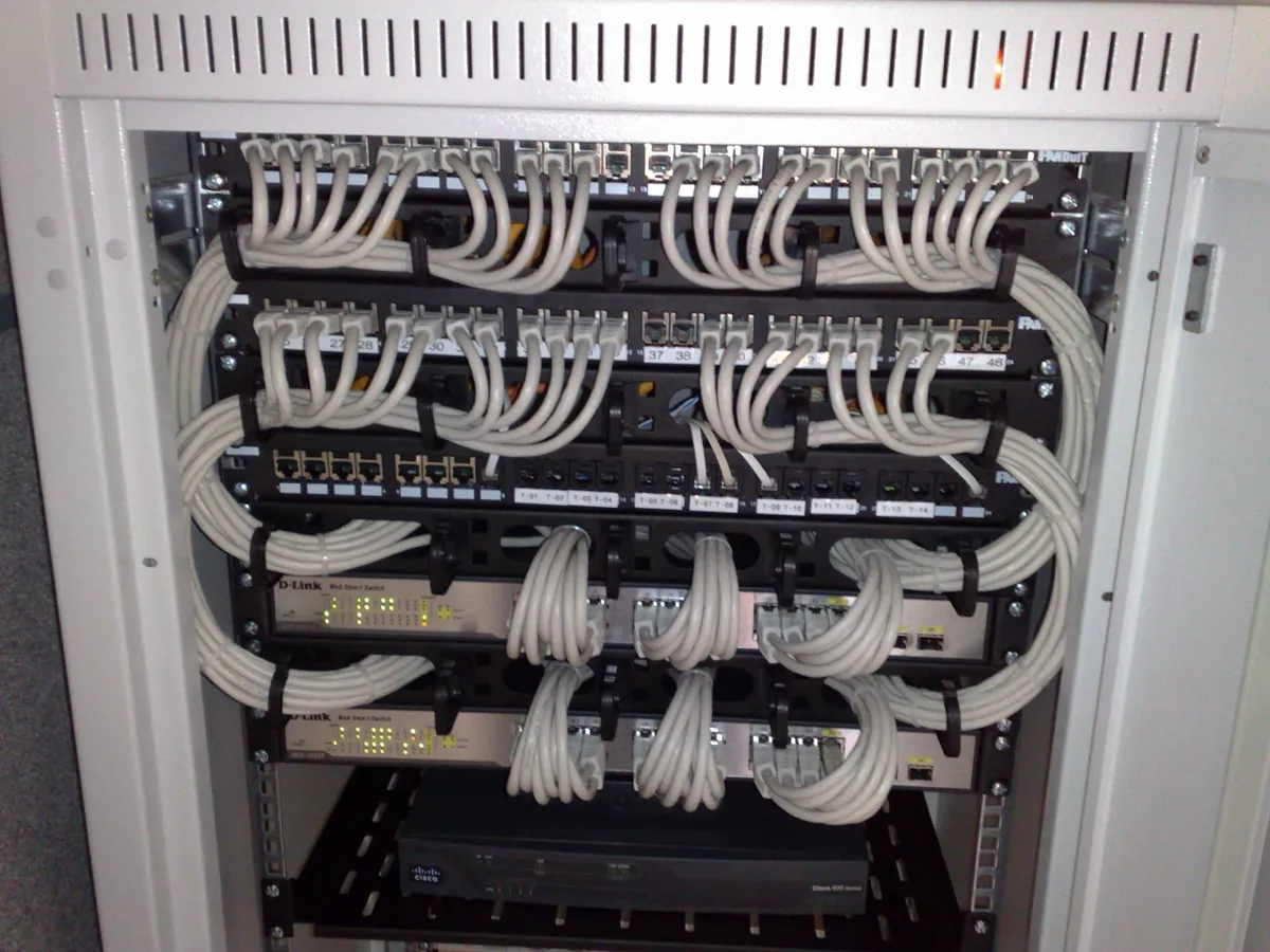 Network rack with patch panels, white Ethernet cables looped through cable managers and two rackmount switches