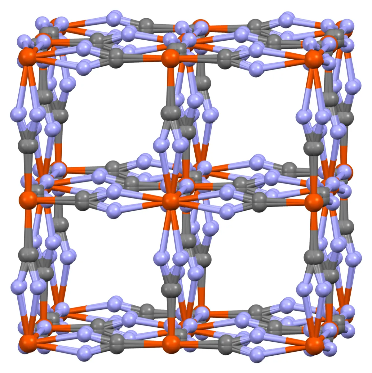 Modelo de esferas y varillas de la estructura cristalina cúbica del azul de Prusia, con átomos de metal unidos por pares de carbono y nitrógeno