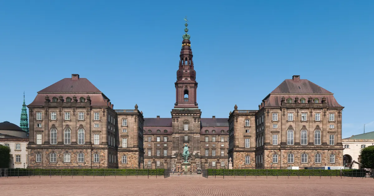 Christiansborg Palace in Copenhagen, seat of the Danish parliament, under a clear blue sky