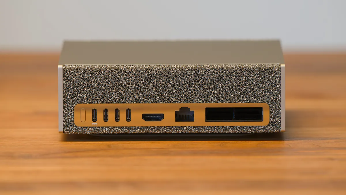 Rear of the original Nvidia DGX Spark showing USB-C, HDMI and Ethernet ports beside two wide QSFP networking ports