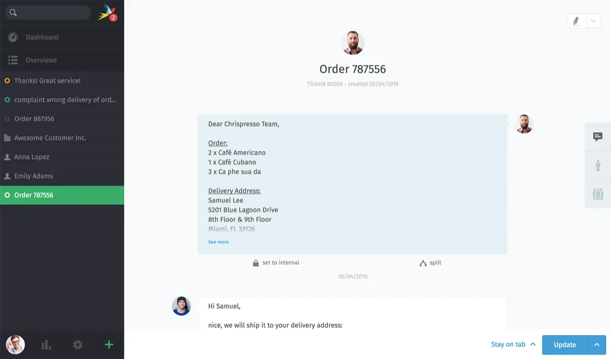 Zammad ticket view with a sidebar of open tickets and an email conversation with a customer, using demo data