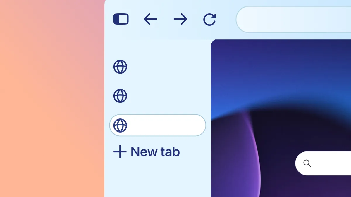 Ilustración de la barra lateral rediseñada de Firefox con pestañas verticales redondeadas y un botón de Nueva pestaña junto a una página web