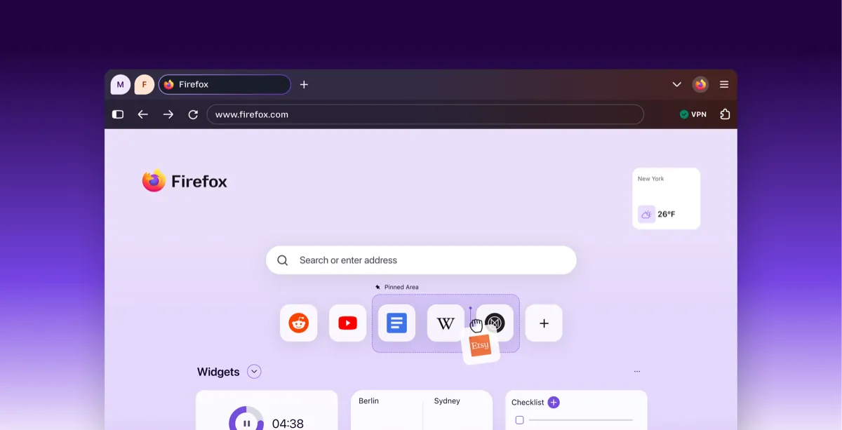 Página de Nueva pestaña de Firefox con un cuadro de búsqueda, un área fija de accesos directos y widgets de temporizador, relojes y lista de pendientes