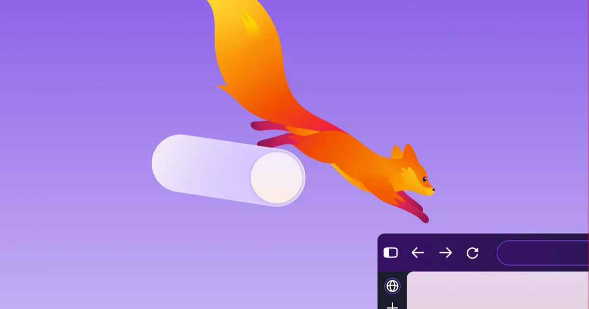 Ilustración del zorro naranja de Firefox saltando sobre un interruptor hacia una barra de herramientas morada