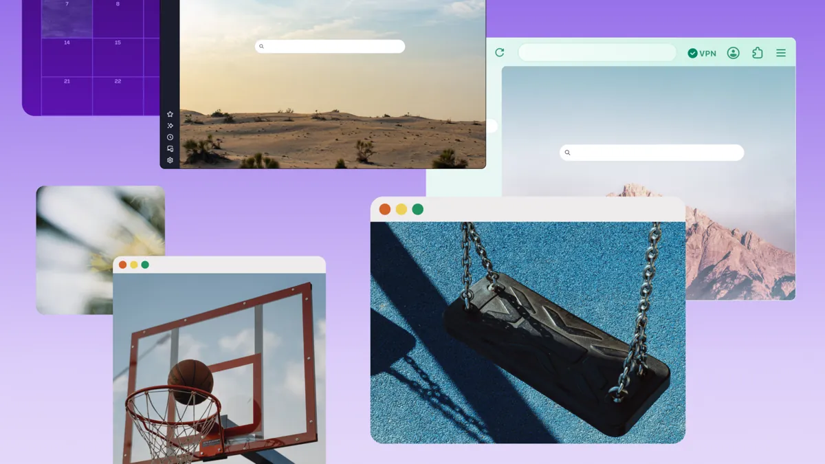 Varias ventanas de Firefox con distintos temas y fondos de Nueva pestaña, entre ellos un desierto, una montaña y un columpio