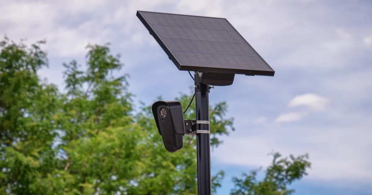 A Flock Safety license plate reader camera mounted on a pole under a solar panel, with trees and a cloudy sky behind
