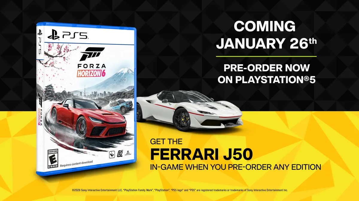Forza Horizon 6 PS5 disc case beside a white Ferrari J50 under the text Coming January 26th, pre-order now on PlayStation 5