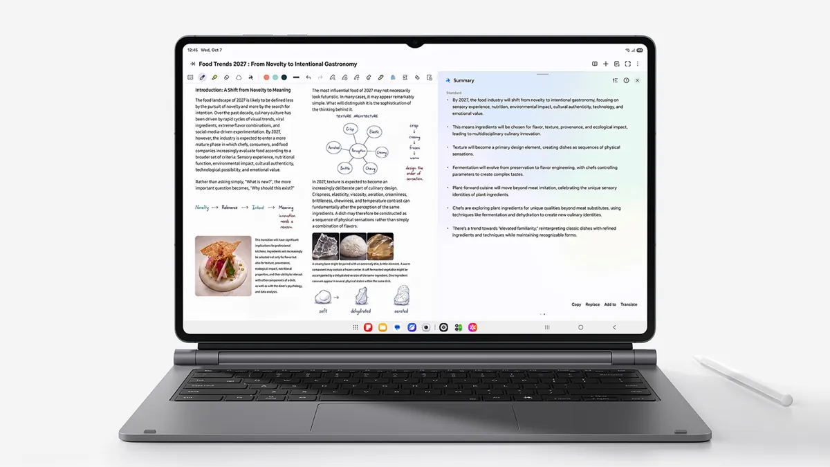 A Galaxy Tab S12 tablet on a gray keyboard with a trackpad, showing notes beside an AI summary panel
