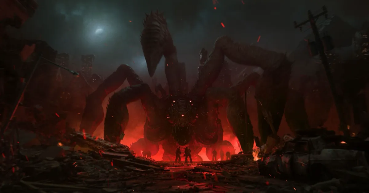 Soldiers stand in a burning, ruined street beneath a giant spider-like Locust creature in Gears of War: E-Day key art