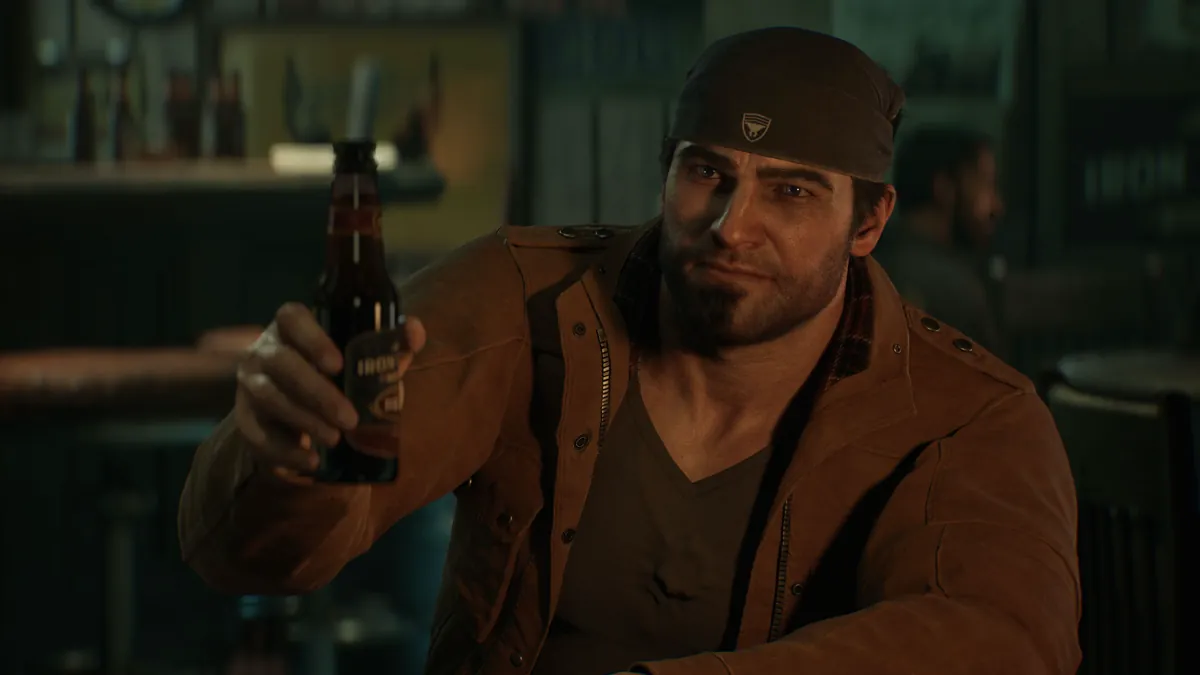 Marcus Fenix in a bandana and brown jacket raises a beer bottle in a dimly lit bar in Gears of War: E-Day