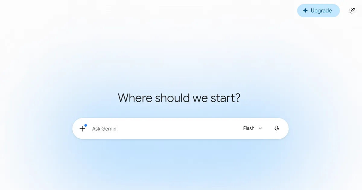 The Gemini web app's start screen with the Ask Gemini box, a Flash model picker and an Upgrade button