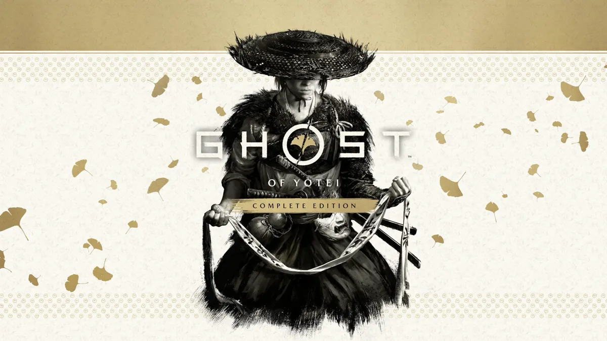 Ghost of Yōtei Complete Edition key art showing Atsu in a straw hat on a cream background with gold ginkgo leaves