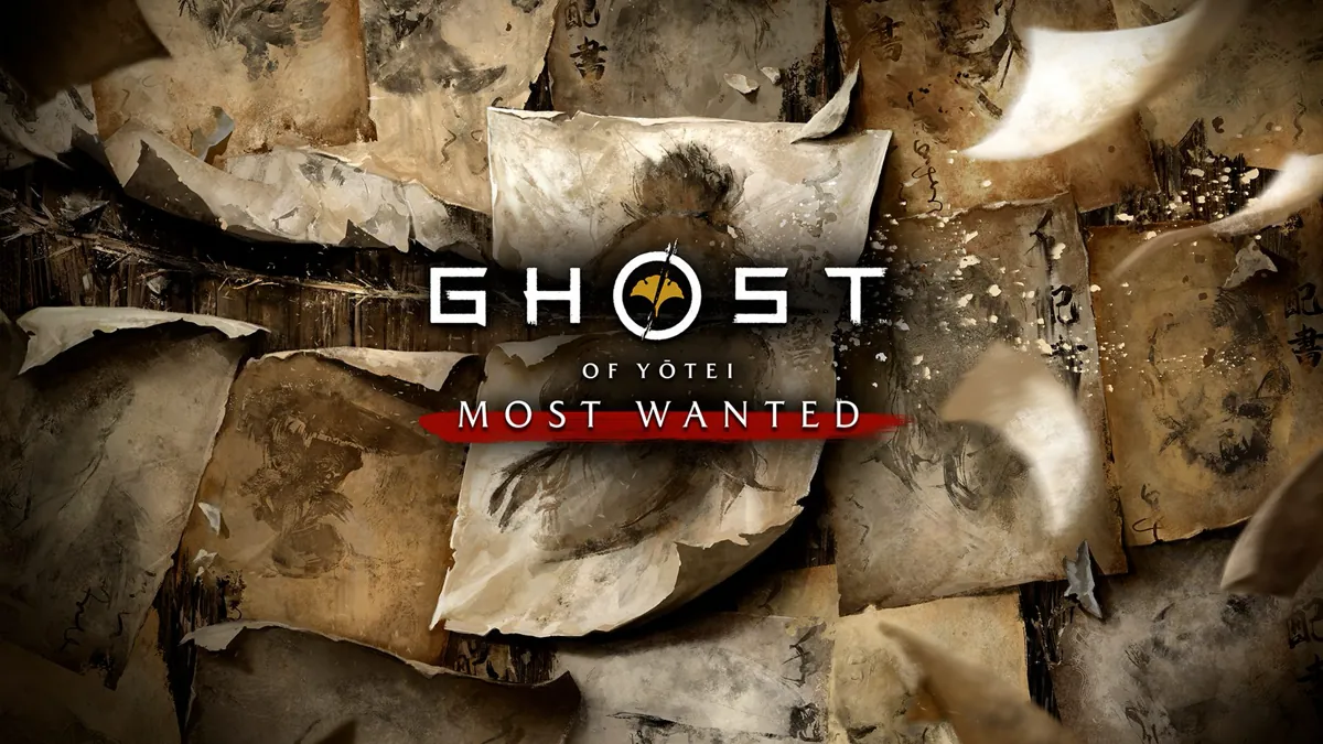 Ghost of Yōtei Most Wanted logo over torn wanted posters painted in ink