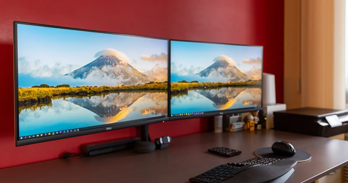 Two Dell monitors showing a Windows desktop above an empty desk with an ergonomic keyboard and a mouse