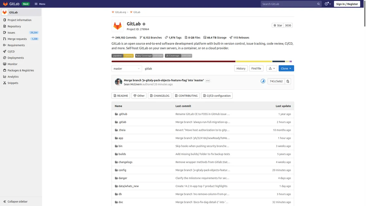 La interfaz web de GitLab con la página de un proyecto, su lista de archivos, el historial de commits y el menú de navegación a la izquierda