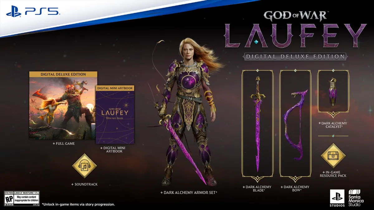 God of War Laufey Digital Deluxe Edition graphic with Faye in the Dark Alchemy armor, the blade, bow, catalyst, artbook and soundtrack