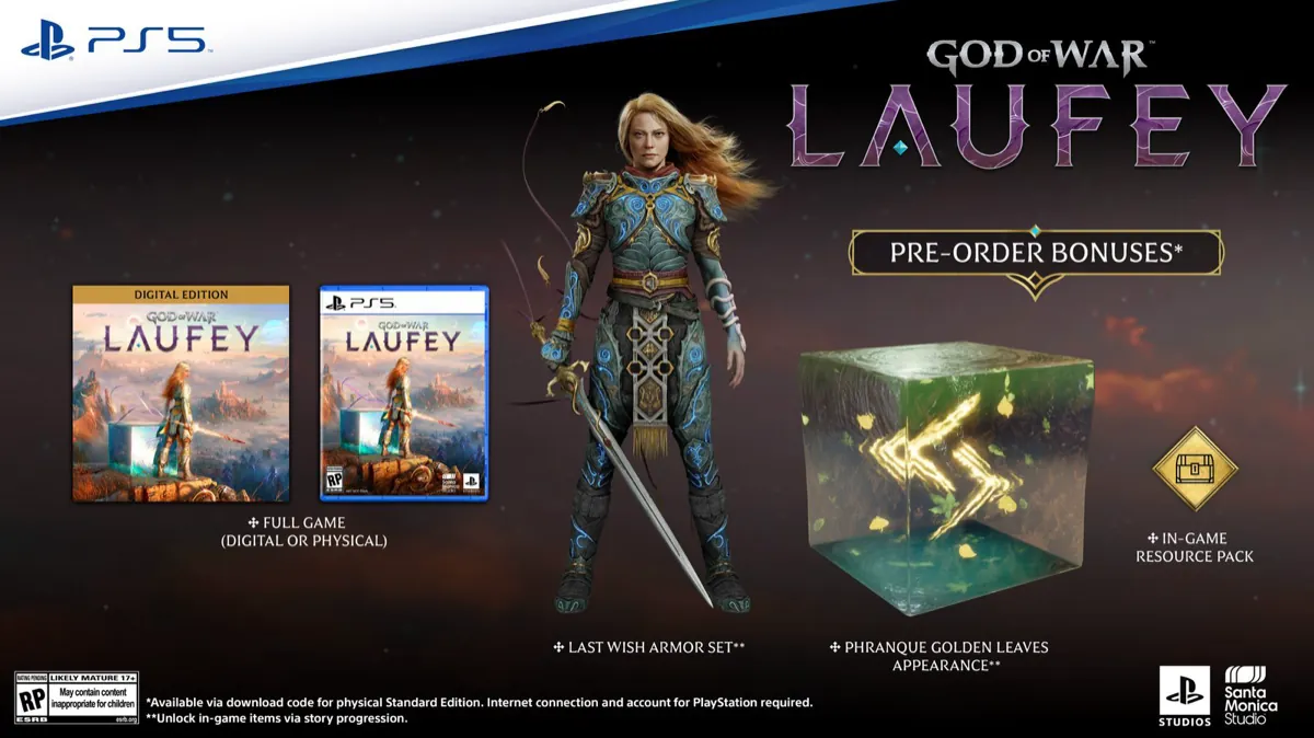 God of War Laufey pre-order bonus graphic showing Faye in the Last Wish armor, Phranque as a green cube with golden leaves, and the resource pack icon