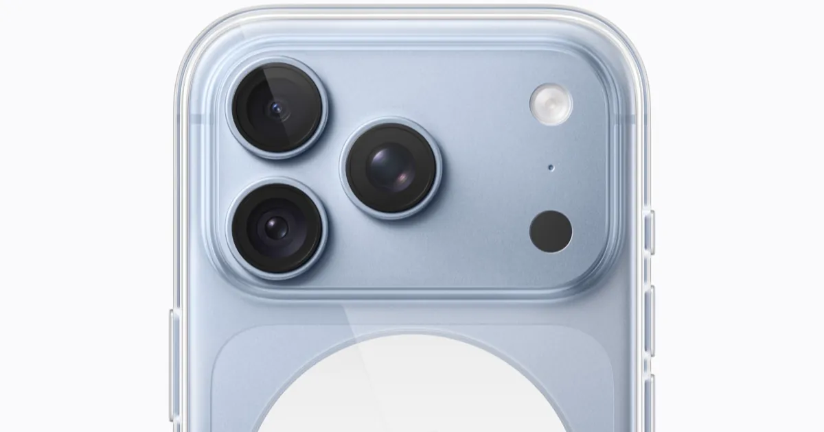 The back of a light blue iPhone 18 Pro in a clear case, showing its three rear cameras and flash