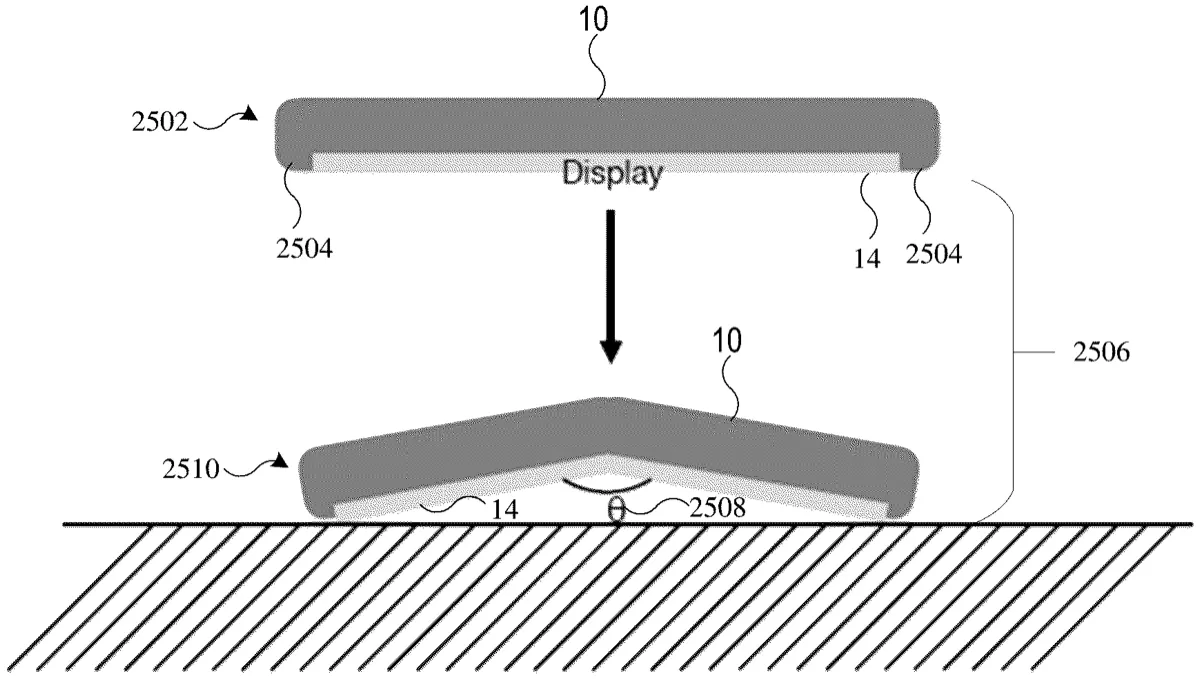 Patent drawing of a flat foldable display falling, then landing partly folded so its edges touch the ground and the screen faces down, protected
