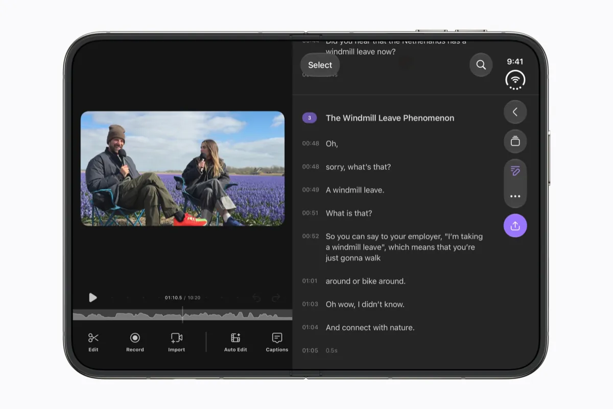 The iPhone Duo's inner screen open in landscape, with a video editing app split across both halves of the fold
