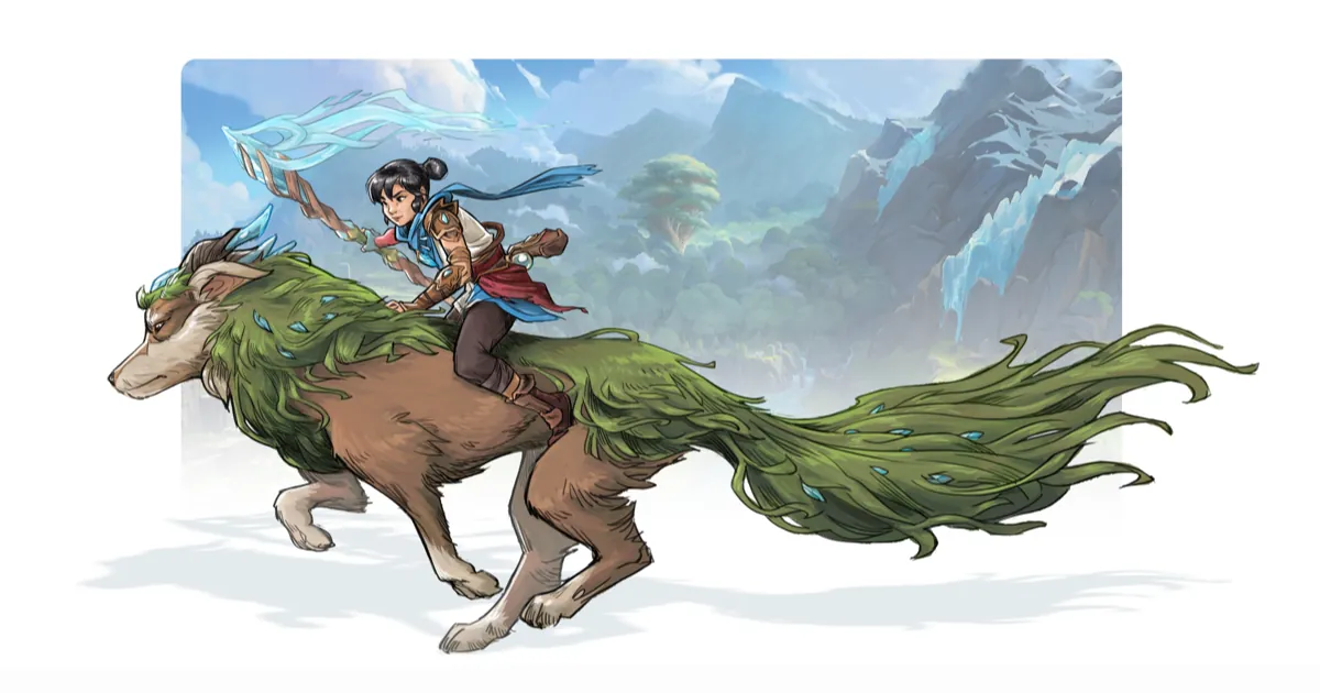 Concept art of Kena riding her large canine companion, staff raised, past mountains and a waterfall