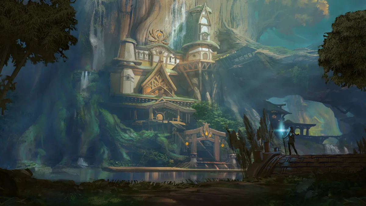 Concept art of Kena with her glowing staff facing a large wooden building set into a giant tree beside a waterfall