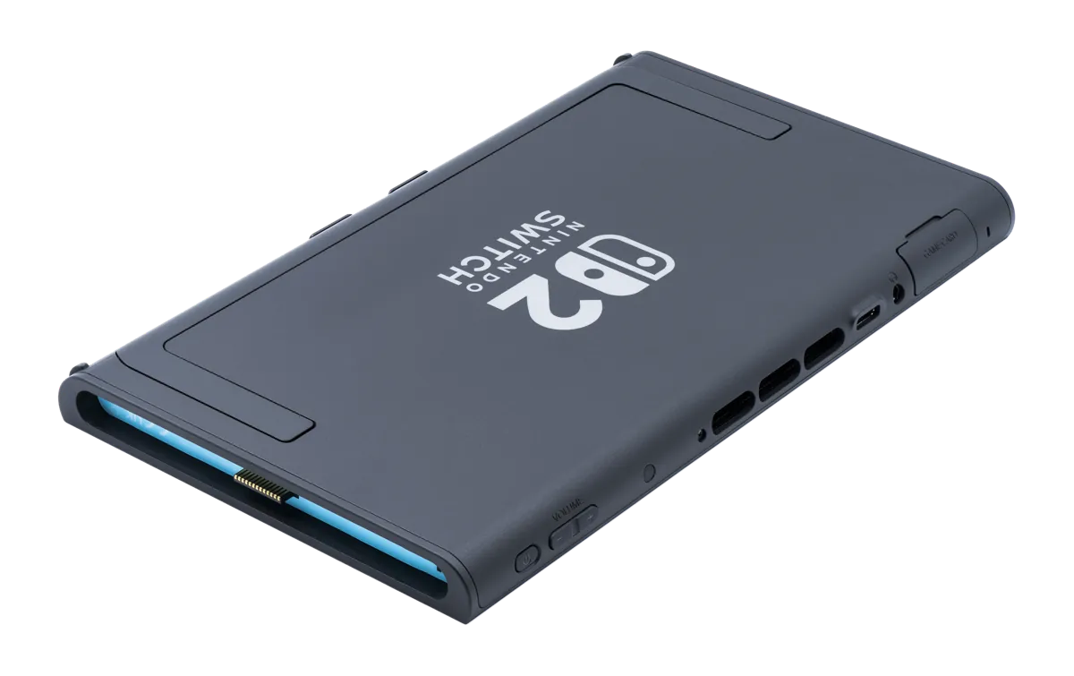 The back of a Nintendo Switch 2 console, showing the Switch 2 logo, the kickstand and the game card slot on the top edge