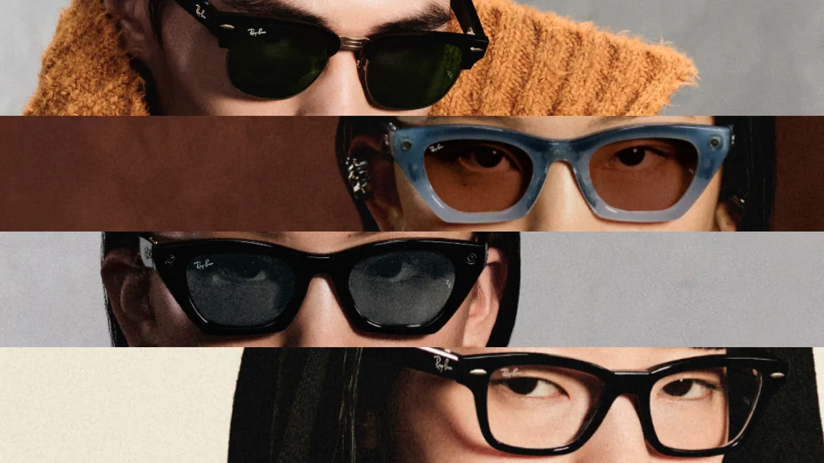 Four close-ups of people wearing different Ray-Ban frames, from Clubmaster to cat-eye styles