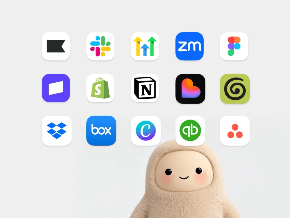 App icons for Slack, Shopify, Notion, Zoom, Figma, Dropbox, Box, Canva, QuickBooks and Asana above Meta's fuzzy Muse mascot