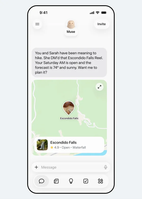 A Muse chat suggesting a Saturday hike with a friend named Sarah because she sent a waterfall Reel, with a map of Escondido Falls