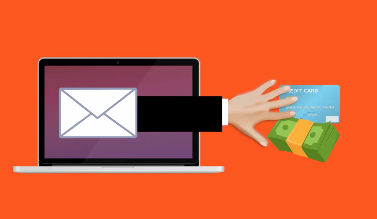 Illustration of a hand reaching out of an email on a laptop screen to grab a credit card and cash