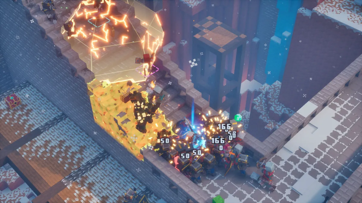 A Minecraft Dungeons II hero fights a crowd of enemies beside a glowing golden block in a snowy stone fortress