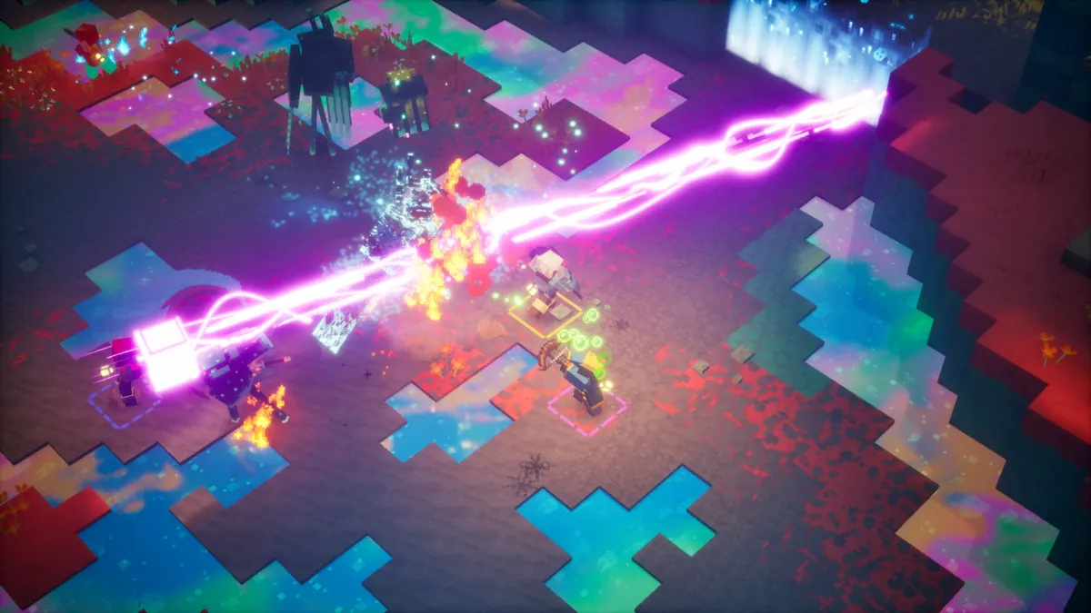 A pink laser beam cuts across a multicolored tiled floor as heroes battle mobs in the Sift dimension of Minecraft Dungeons II