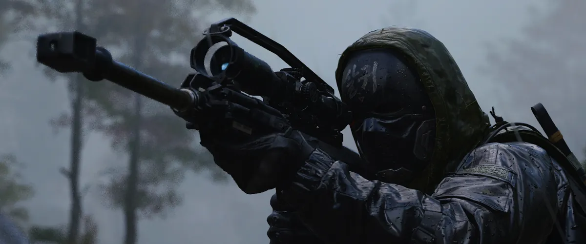A masked sniper aiming a rifle in a foggy forest, in a Modern Warfare 4 screenshot