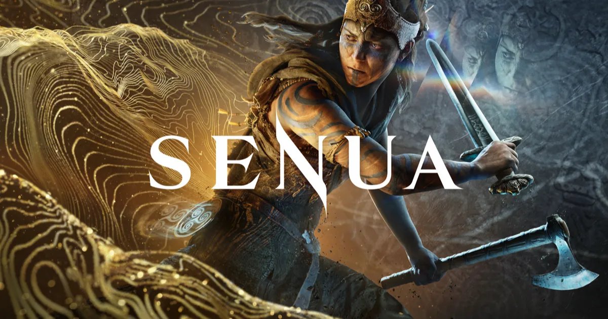Arte principal de Senua: la guerrera celta, con pintura en el rostro, empuña una espada y un hacha detrás del logo del juego