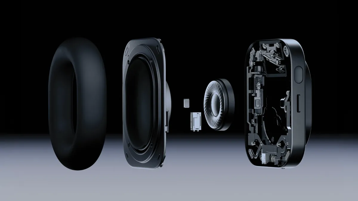 Exploded view of a Nothing Headphone 1 Pro ear cup showing the cushion, the drivers and the electronics housing