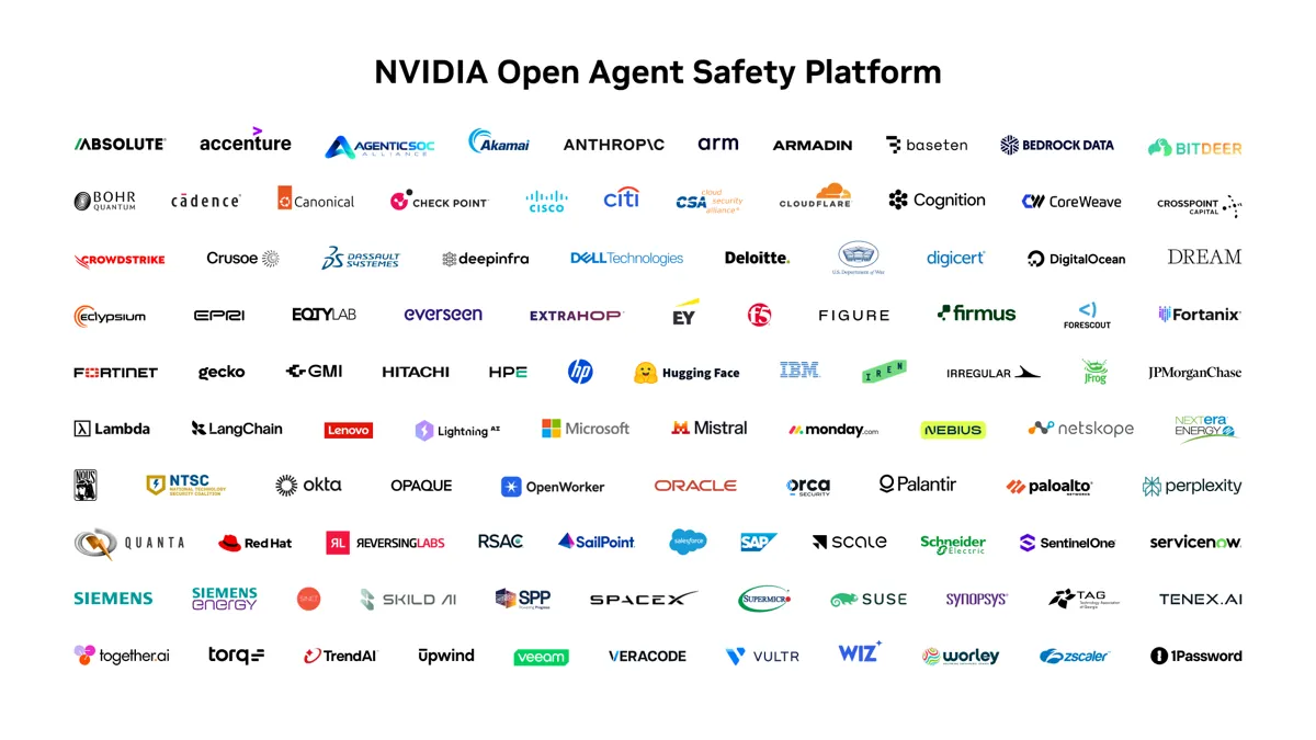 Grid of more than 100 company logos under the heading NVIDIA Open Agent Safety Platform, including Anthropic, CrowdStrike, Microsoft, SAP and JPMorganChase
