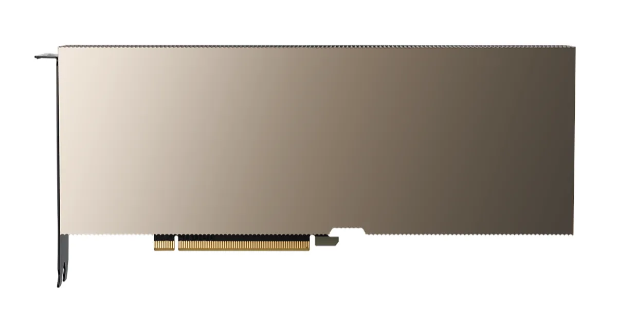 An Nvidia A100 data center GPU card, a long bronze-colored board with a gold connector edge, on a white background