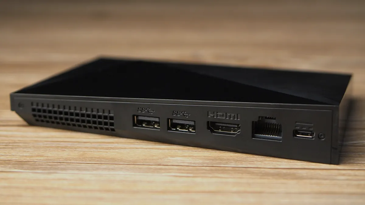 Back panel of a 2017 Nvidia Shield TV with two USB 3.0 ports, an HDMI port, an Ethernet jack and a power connector